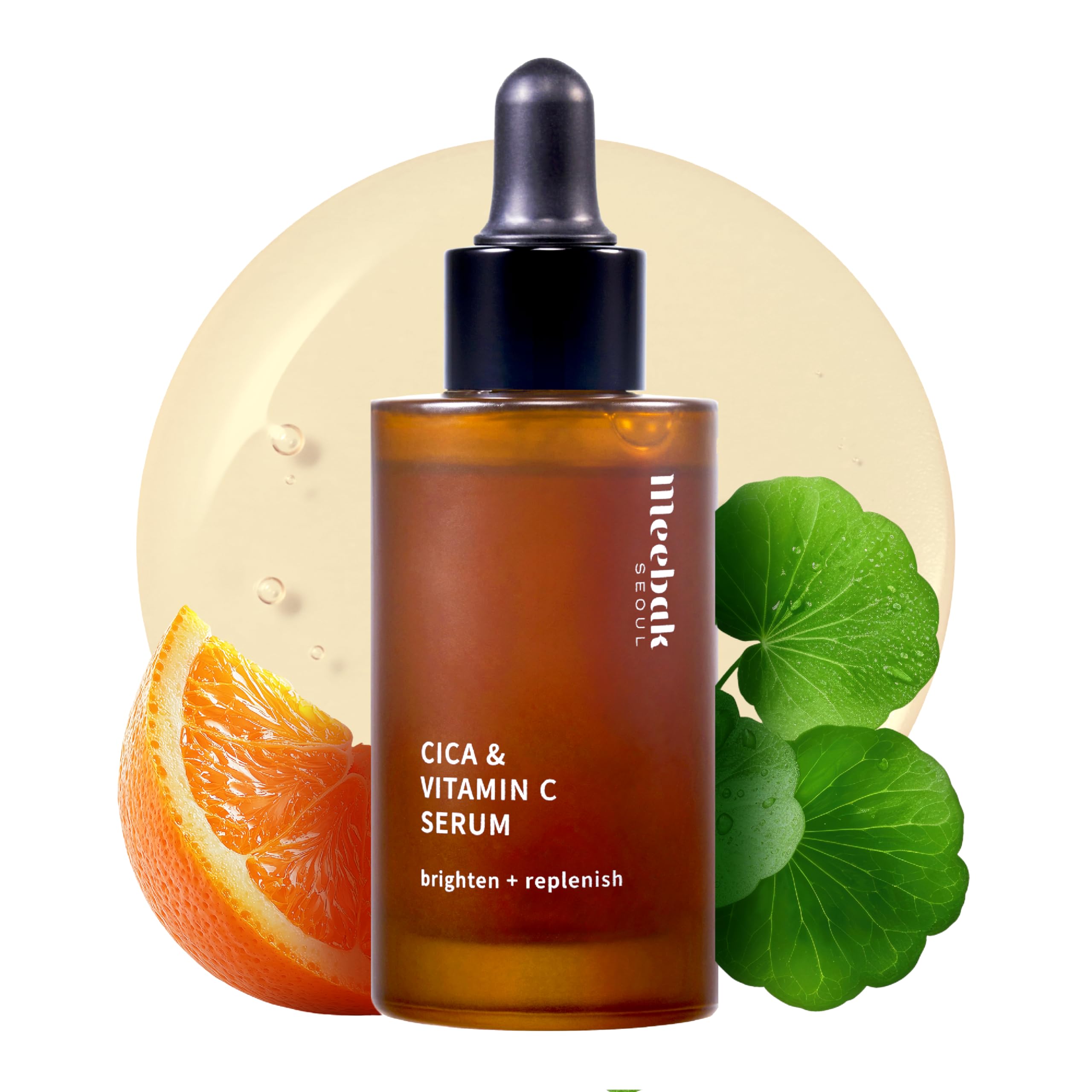 Meebak Vitamin C Serum bottle with pump promotes radiant, hydrated skin.