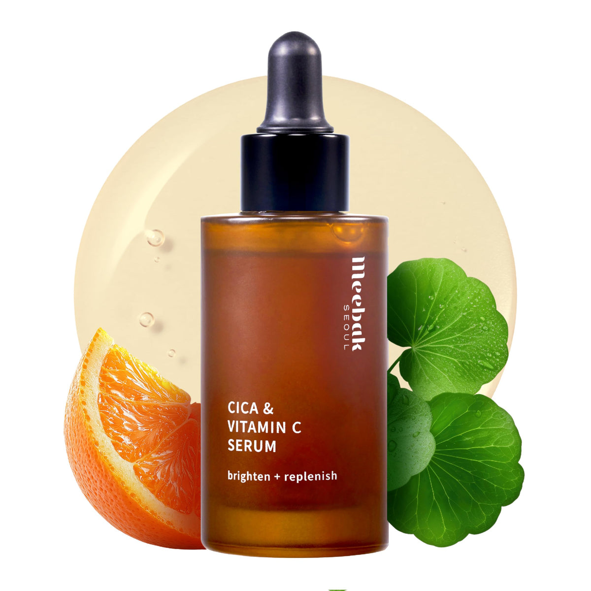 Meebak Vitamin C Serum bottle with pump promotes radiant, hydrated skin.