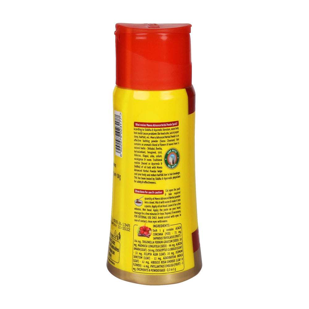 Meera Advanced Herbal Hair Wash Powder pour action highlights easy application and aroma.