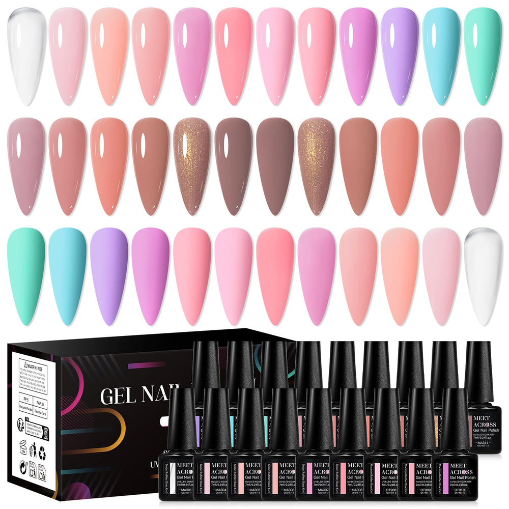 MEET ACROSS 18-piece Rubber Base Gel Nude Brown palette for versatile base and color coats.
