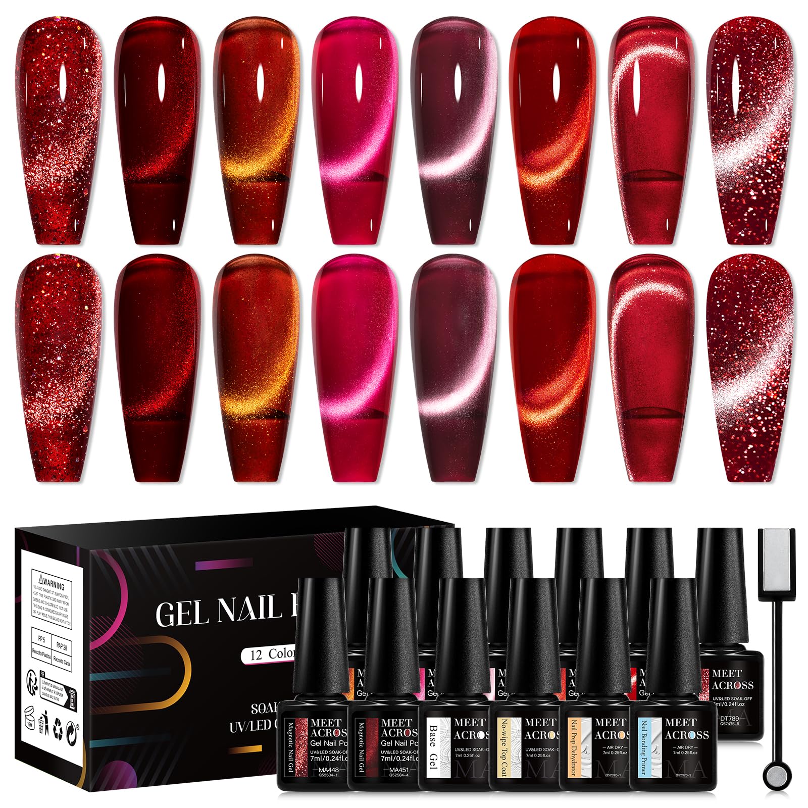 MEET ACROSS cat-eye gel nail polish bottle with red glitter for chic nail art.