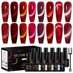 MEET ACROSS cat-eye gel nail polish bottle with red glitter for chic nail art.