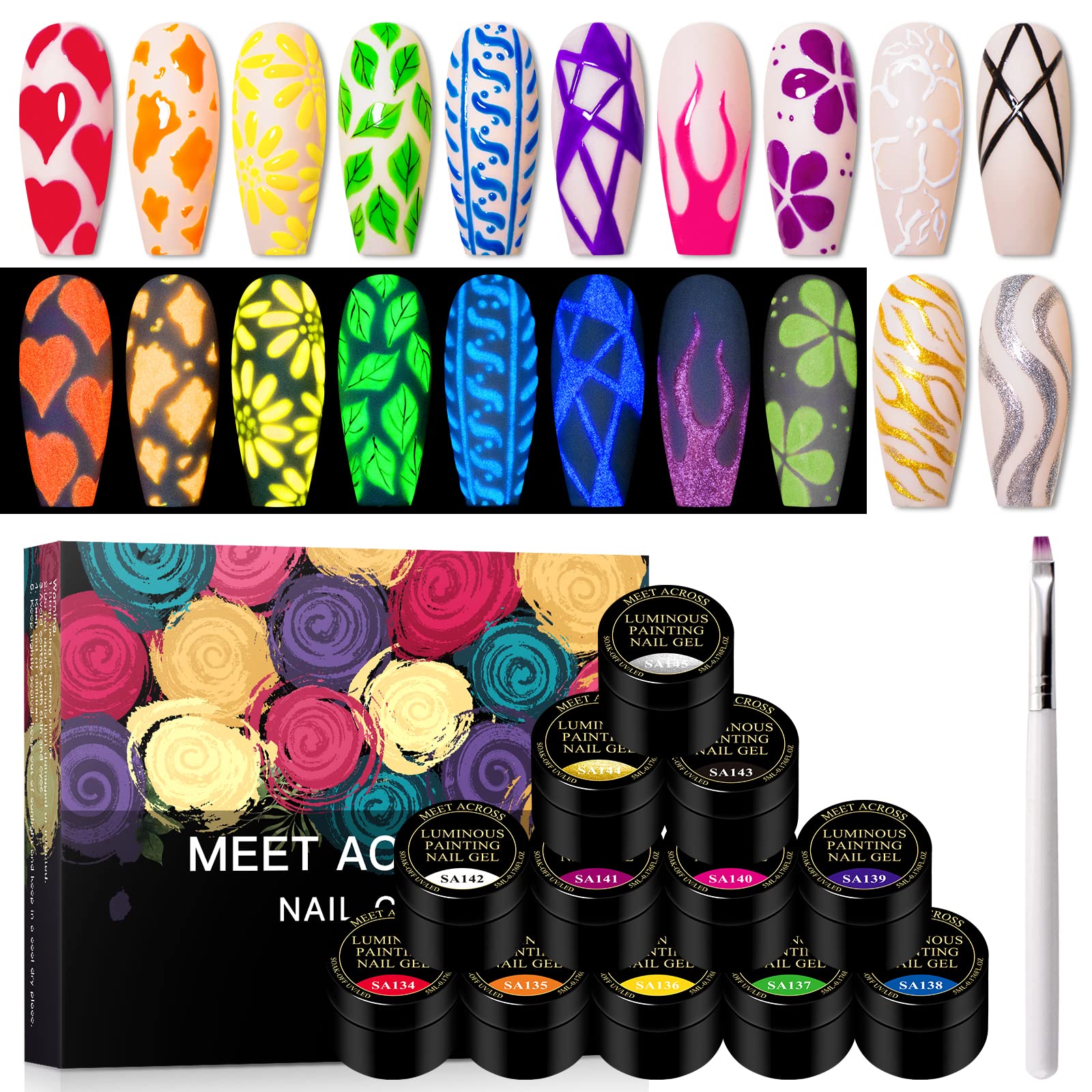 MEET ACROSS Glow in the Dark Nail Art Kit packaging ready for gifting and display