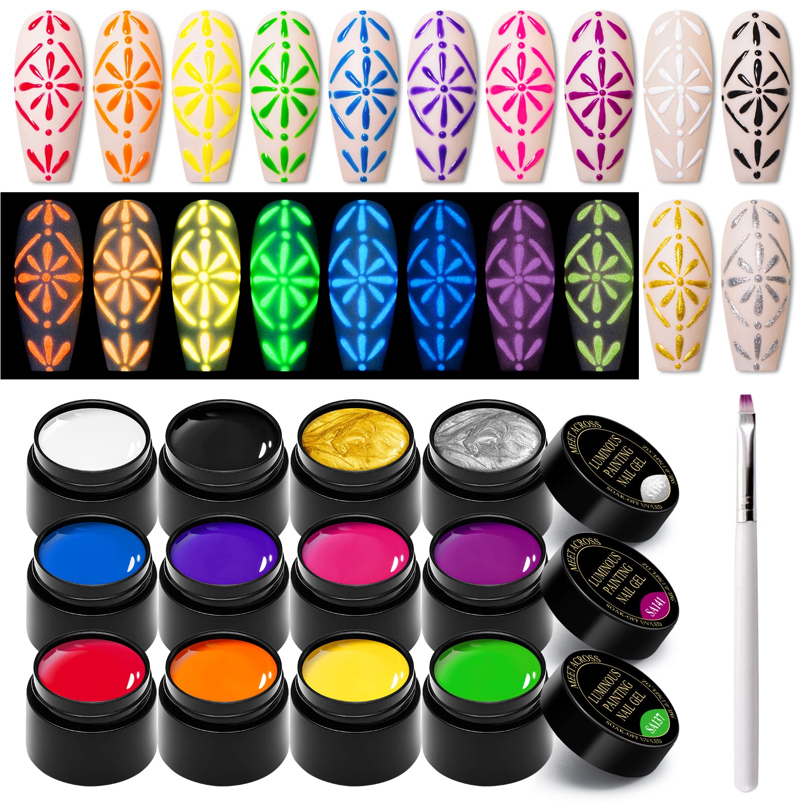 MEET ACROSS glow nail art kit in use, demonstrating glow effect on nails