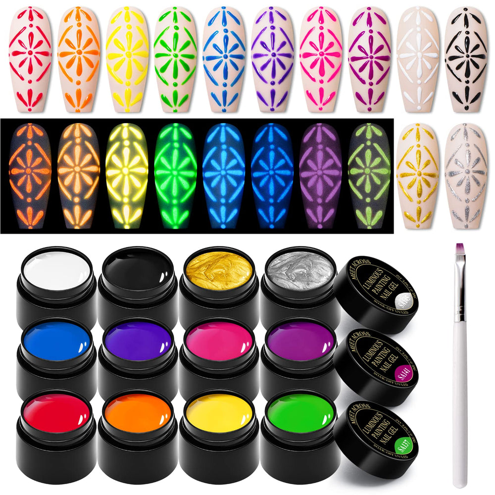 MEET ACROSS glow nail art kit in use, demonstrating glow effect on nails