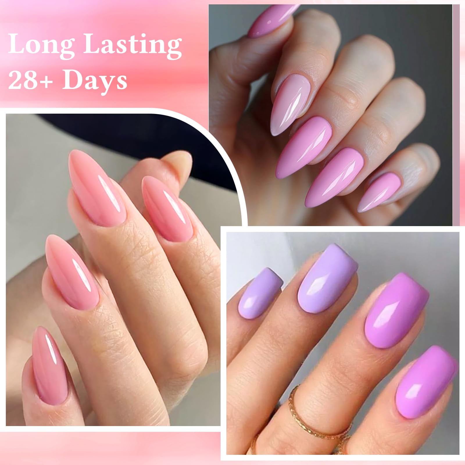MEET ACROSS Rubber Base Gel application steps under UV light for precise manicures.