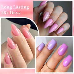 MEET ACROSS Rubber Base Gel application steps under UV light for precise manicures.