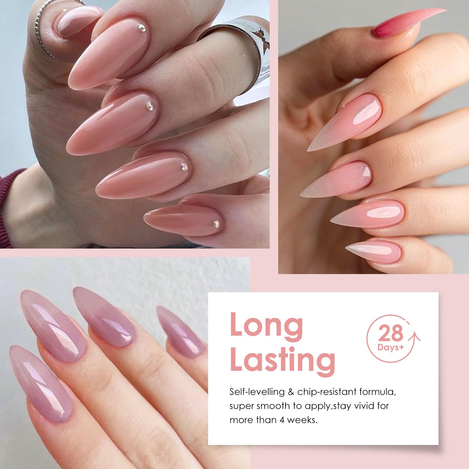 MEET ACROSS rubber base gel shade swatches showing fresh, soft colors.
