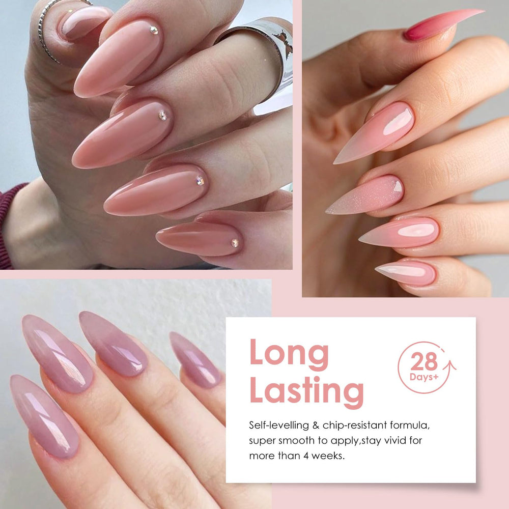 MEET ACROSS rubber base gel shade swatches showing fresh, soft colors.