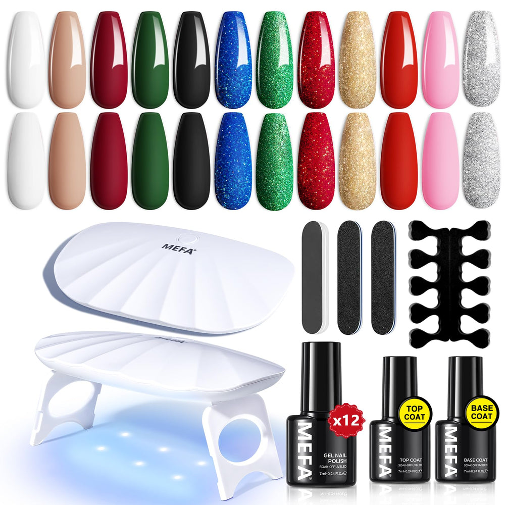 MEFA 19-pcs gel nail kit with UV light for at-home salon sessions.