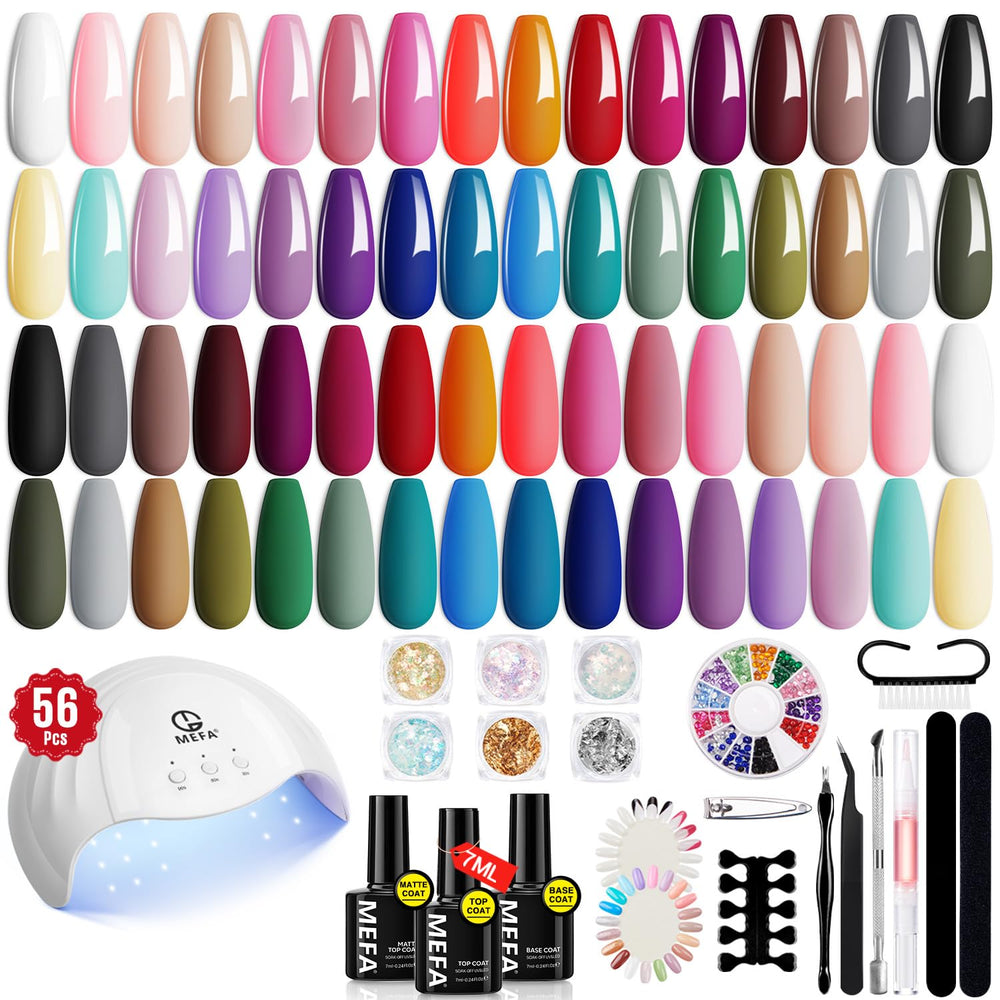 MEFA 32 color gel nail polish kit with UV light front view for at-home manicures