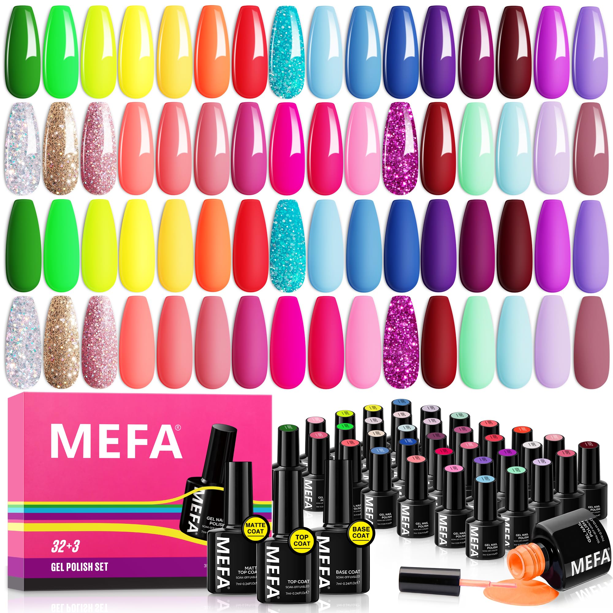 MEFA 35 Pcs Gel Nail Polish Set box showcases the complete neon collection for quick, bold home manicures.