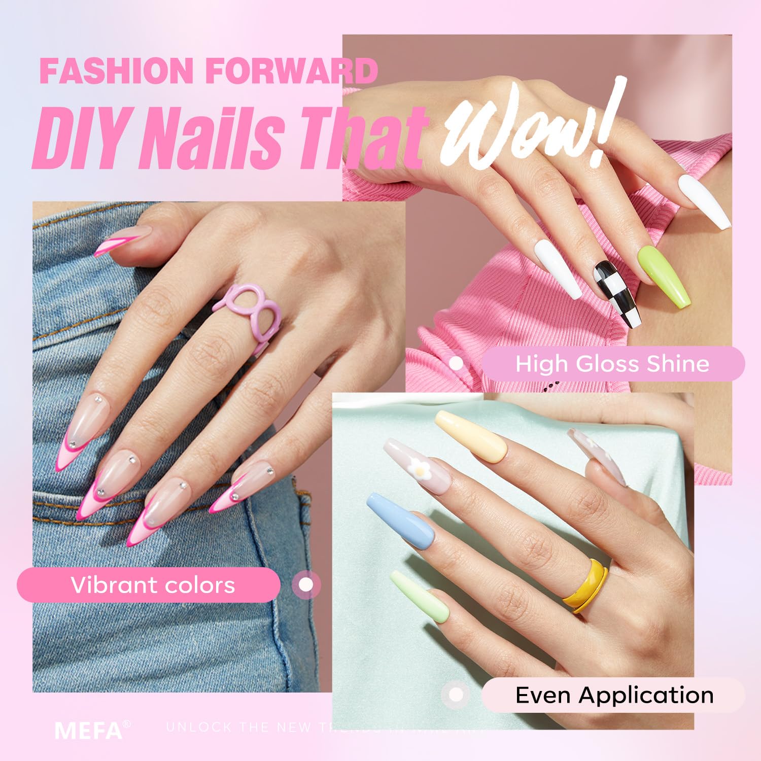 MEFA base coat and glossy top coat for smooth, long-lasting shine