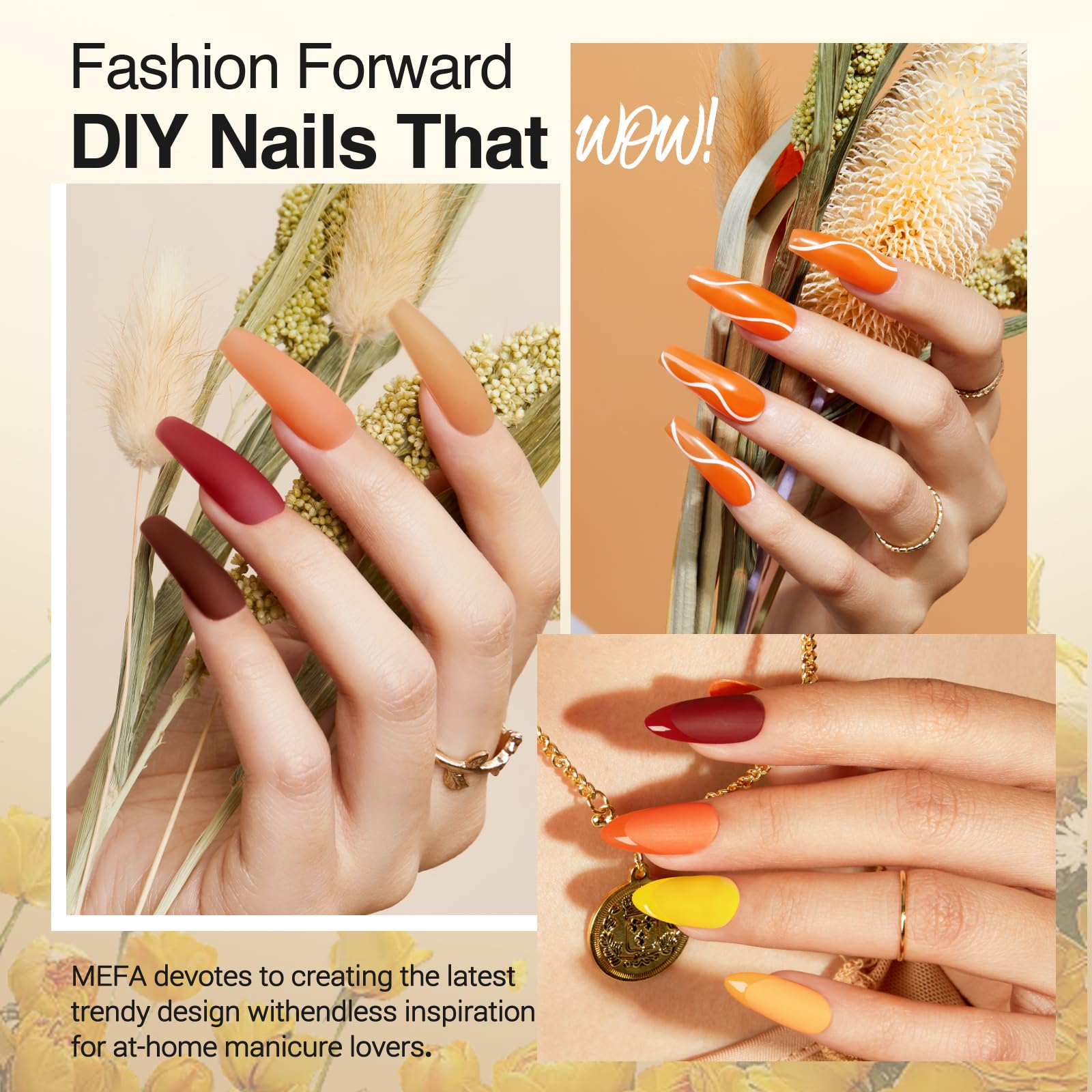 MEFA shimmering orange gel polish – sparkling accent for festive nails.
