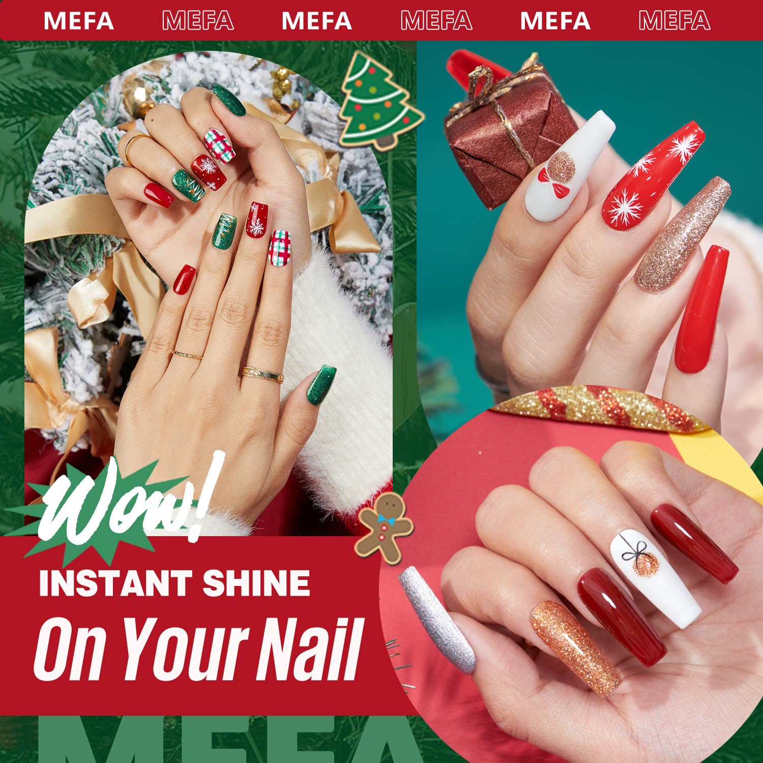 MEFA forest-green shimmer gel color for holiday nail designs.