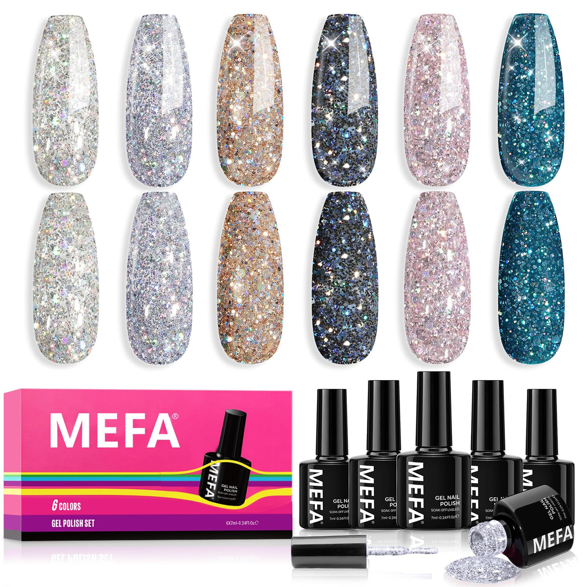 MEFA Glitter Gel Nail Polish Set bottle closeup shows chrome shine for chic nails