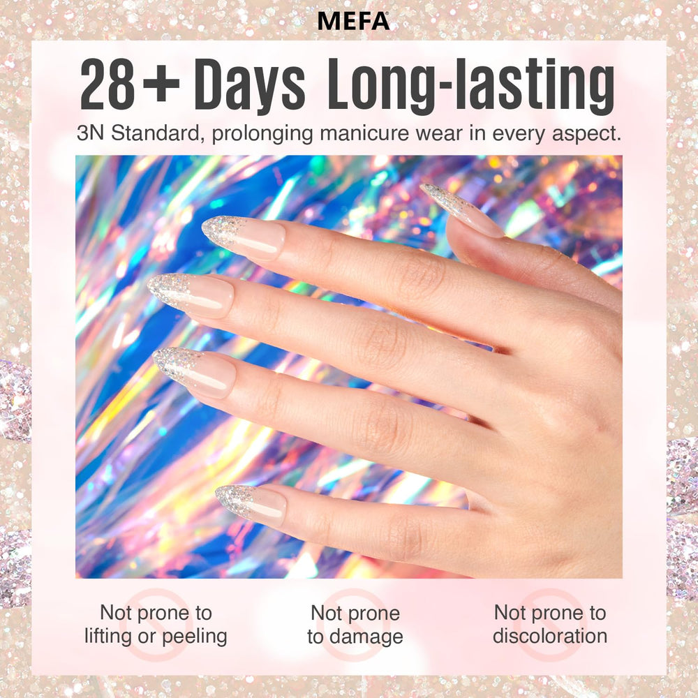 MEFA Sparkly Shine closeup shows glitter particles for glamorous home manicures