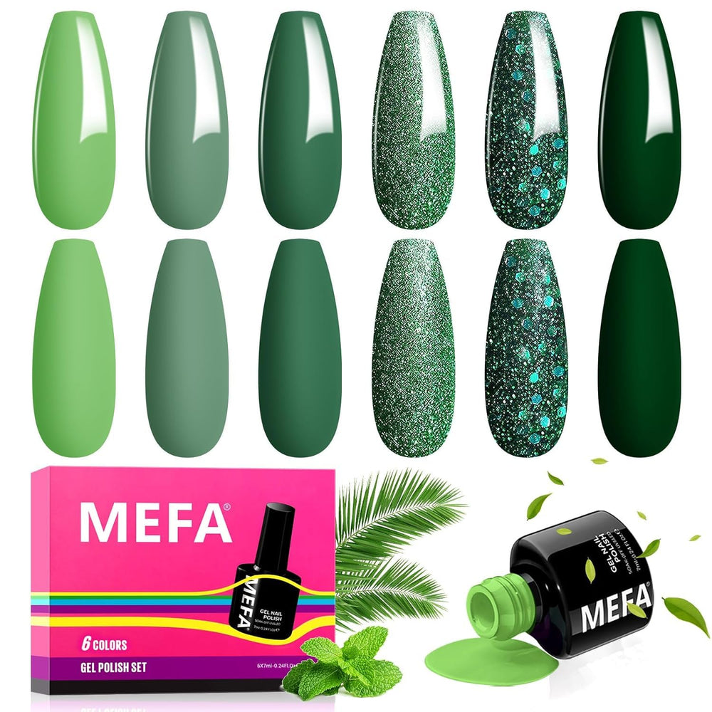 MEFA green gel nail polish packshot shows six shades ready for at home manicure