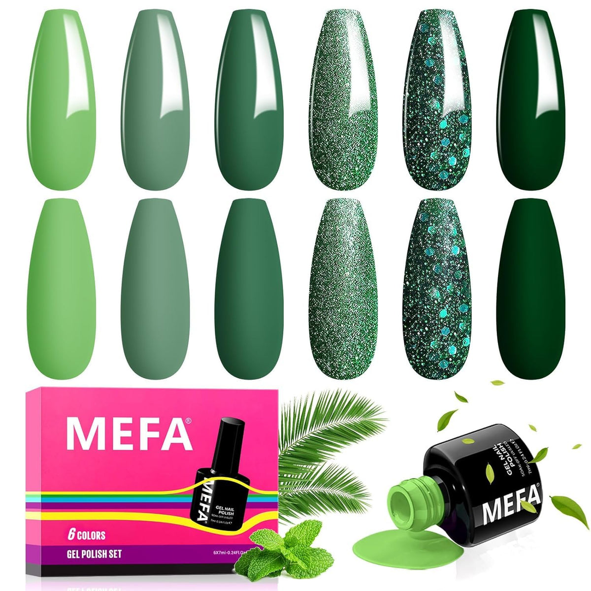 MEFA green gel nail polish packshot shows six shades ready for at home manicure