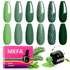 MEFA green gel nail polish packshot shows six shades ready for at home manicure