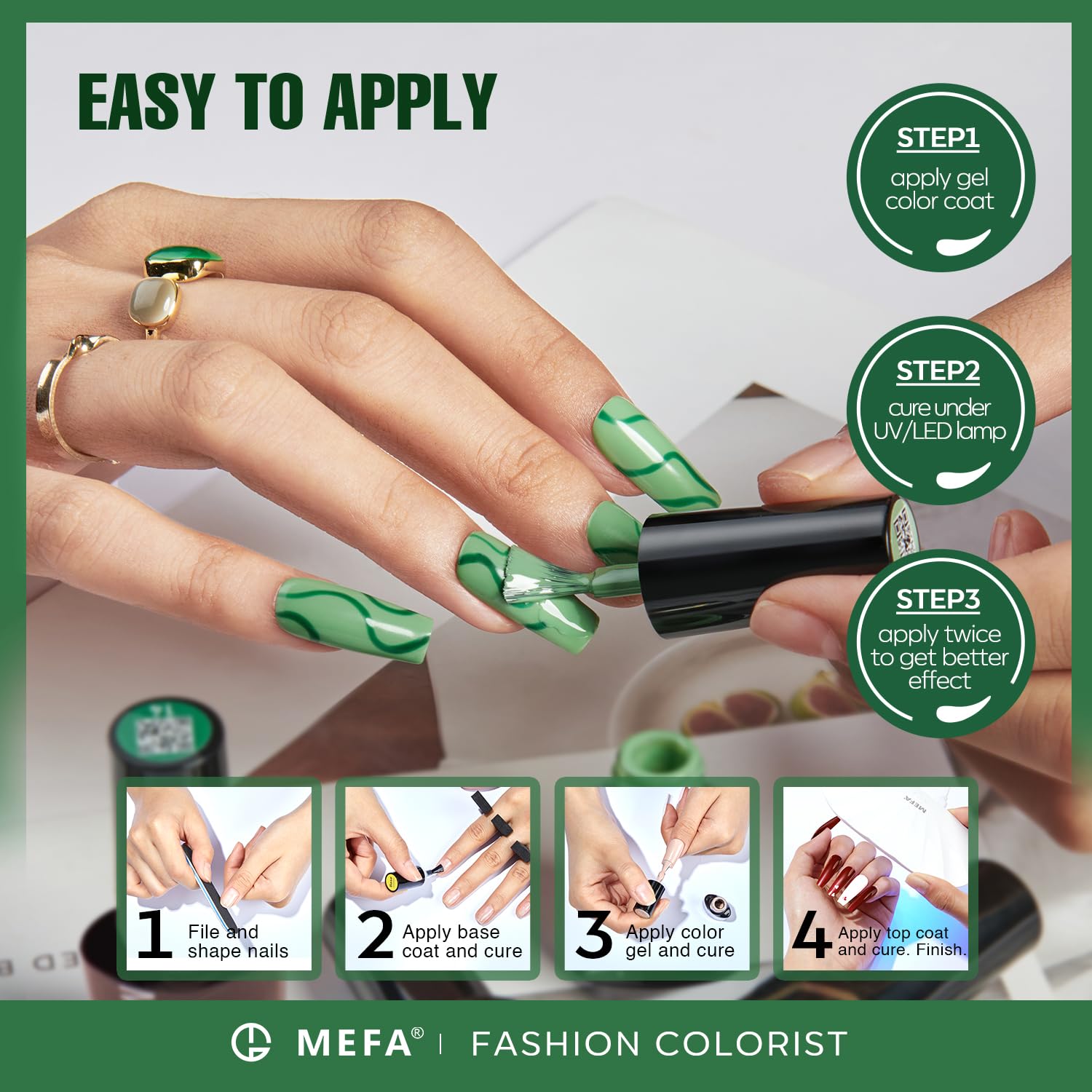 MEFA nail art swatches on a hand show smooth, even application
