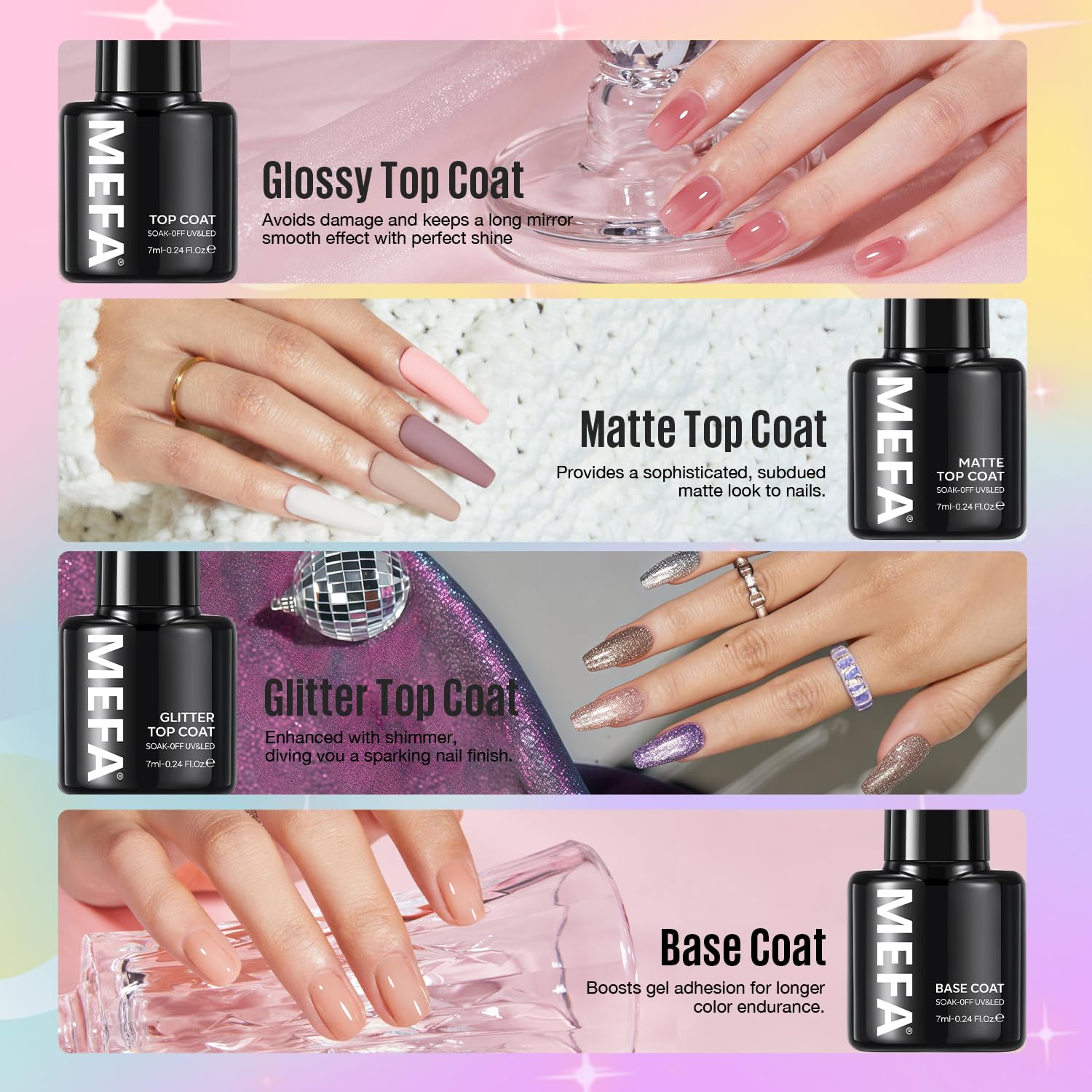 MEFA nail polish bottles display organized for easy selection