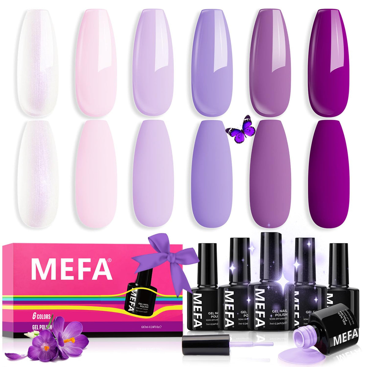 MEFA Purple Gel Nail Polish set front view shows six bottles for home manicure