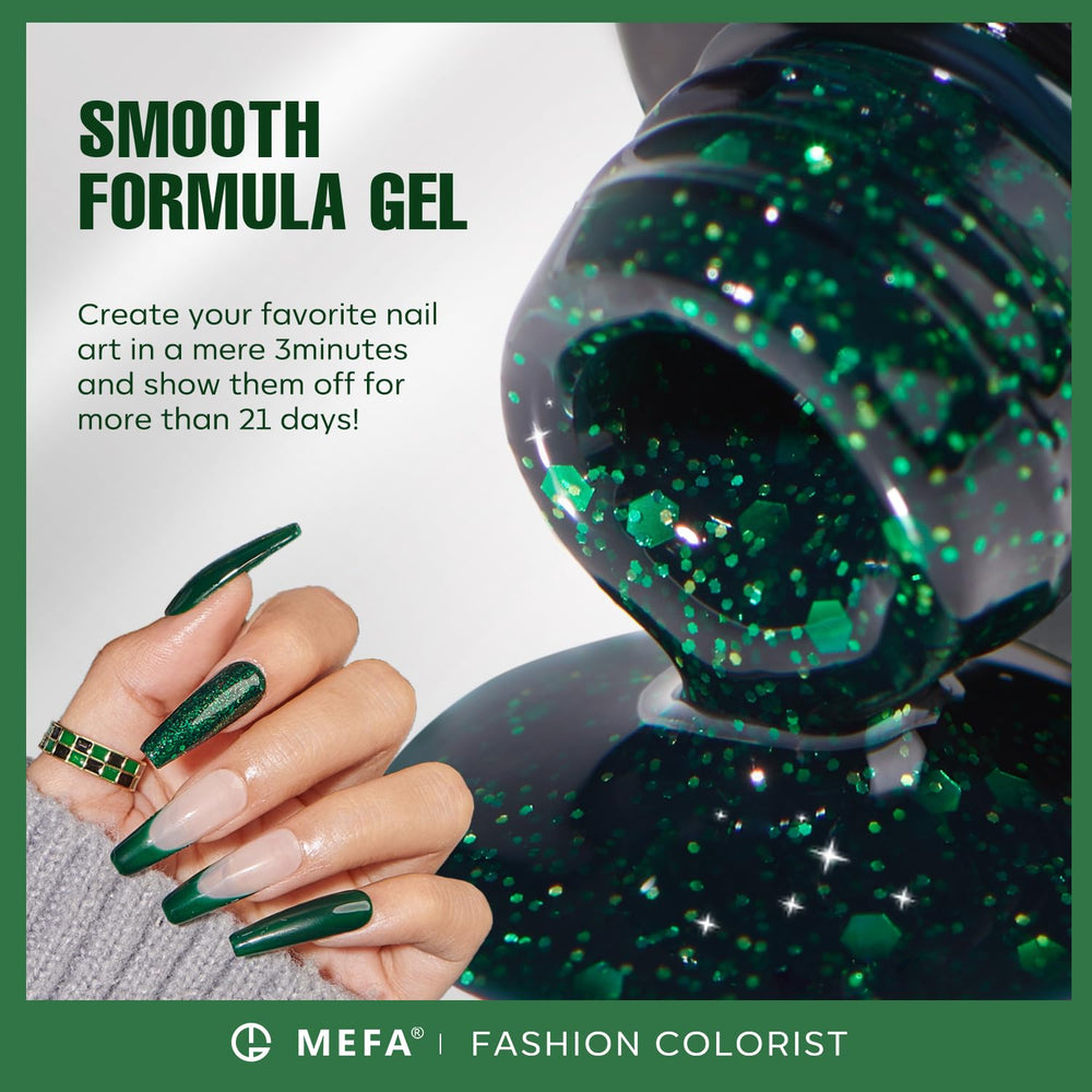 MEFA sparkling green glitter gel nail polish bottle adds festive shine