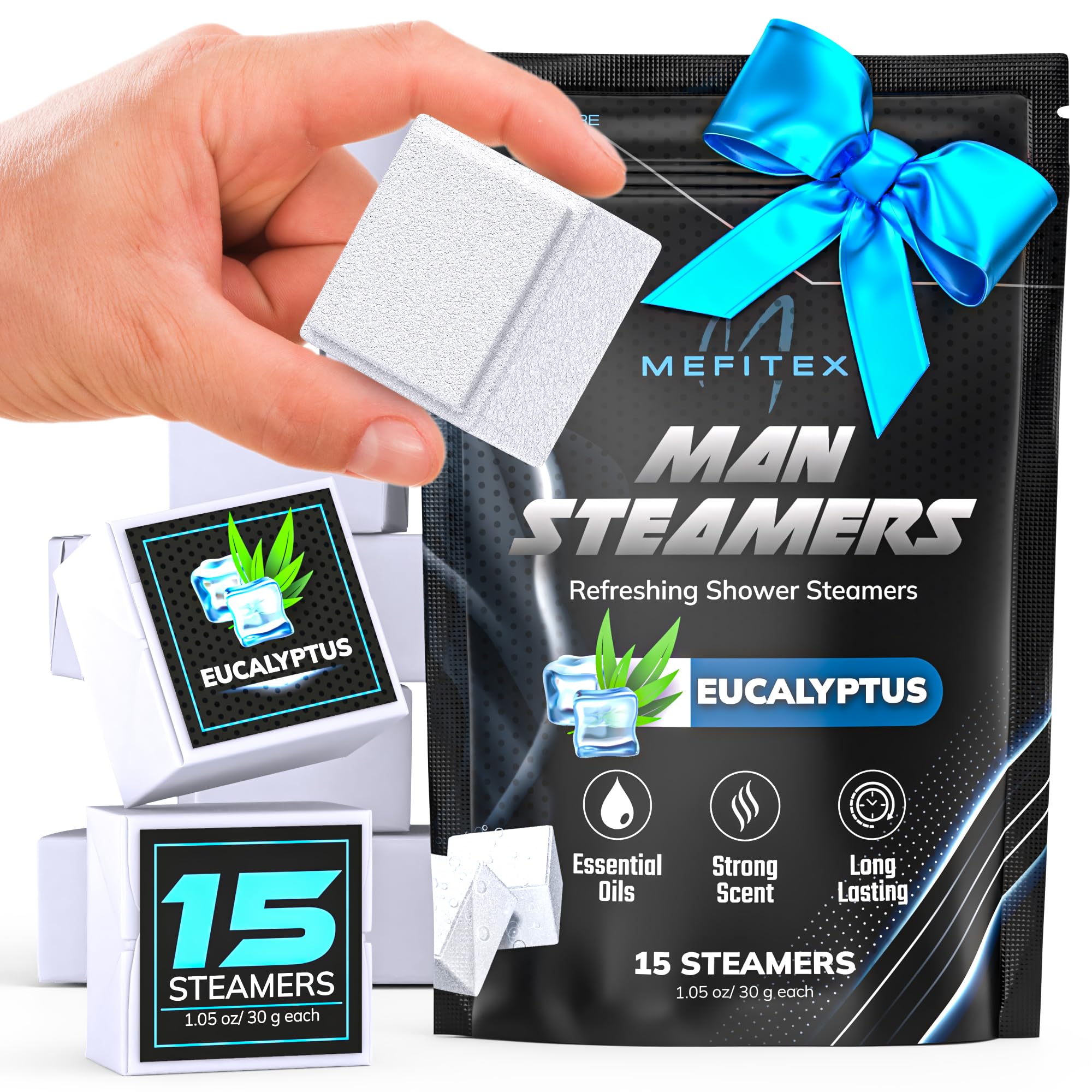 Mefitex men's shower steamers in a 15-pack with eucalyptus aroma for a refreshing start