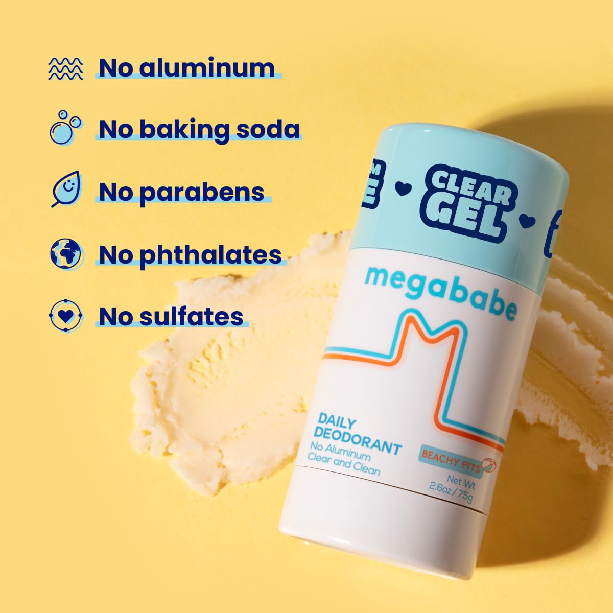 Megababe Beachy Pits deodorant packaging front highlights the vegan formula.