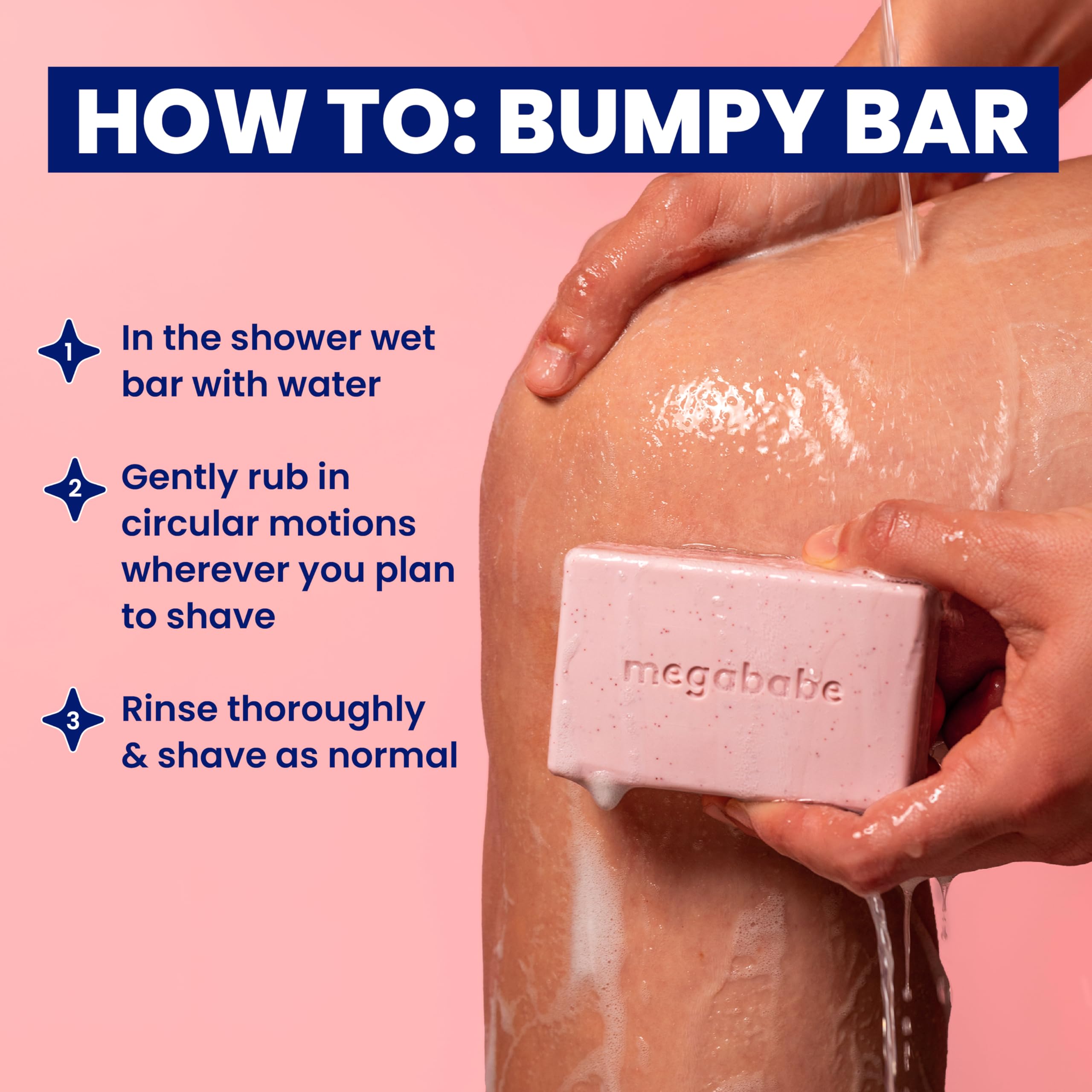 Megababe Bumpy Bar ceramides hydration closeup; supports moisture before shaving