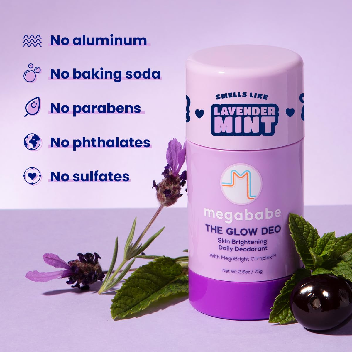 Megababe Glow Deo packaging shows dermatologist-approved status.