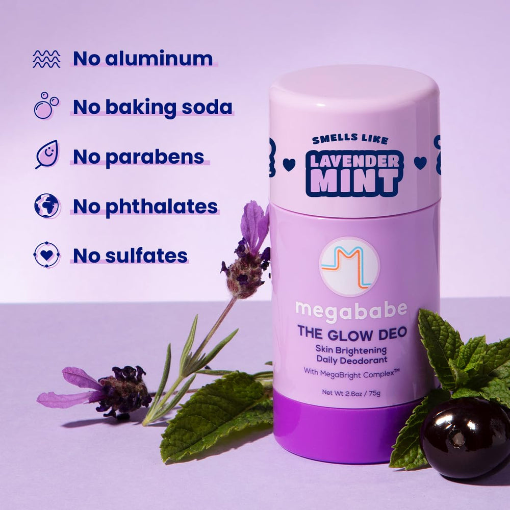 Megababe Glow Deo packaging shows dermatologist-approved status.