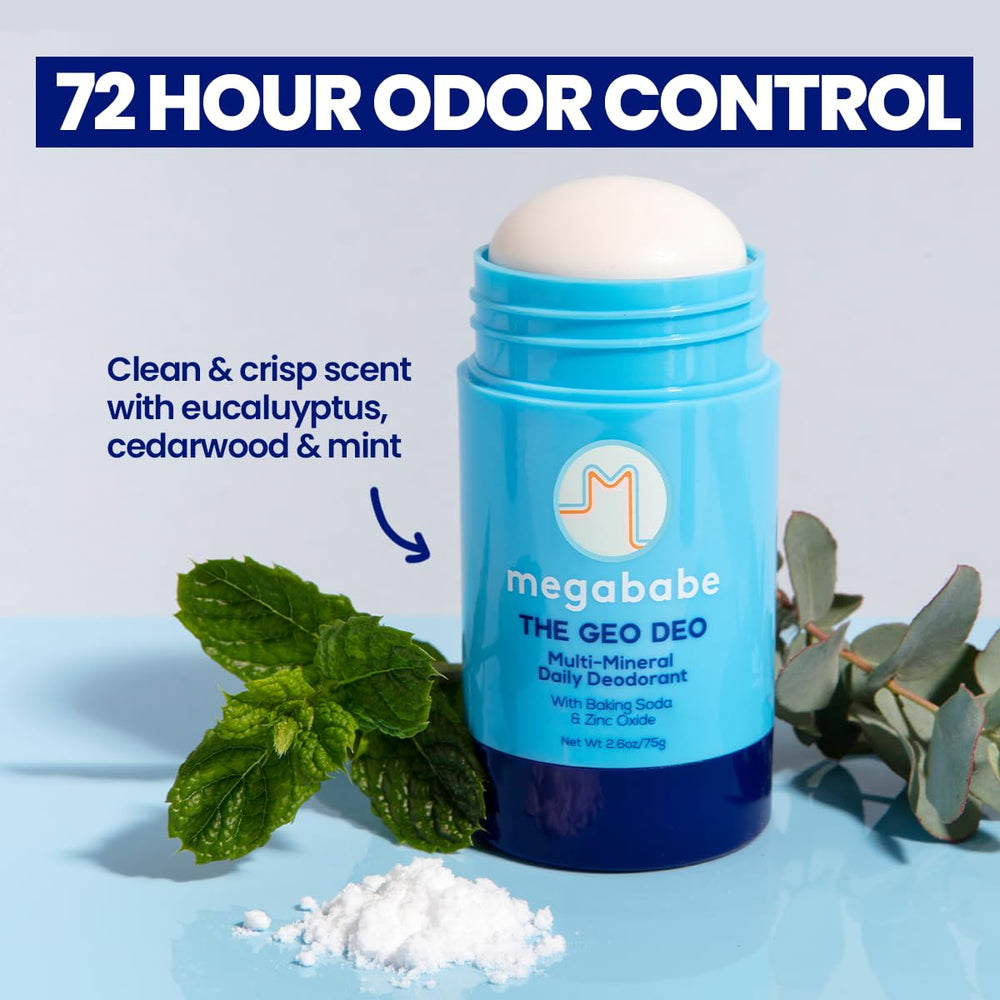 Megababe Geo Deo’s multi-mineral blend neutralizes odor while caring for skin with oils and shea butter.