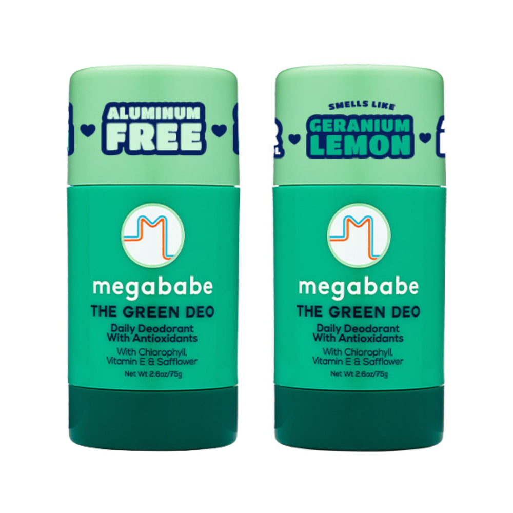 Megababe Daily Deodorant Green Deo front bottle provides aluminum-free odor protection.