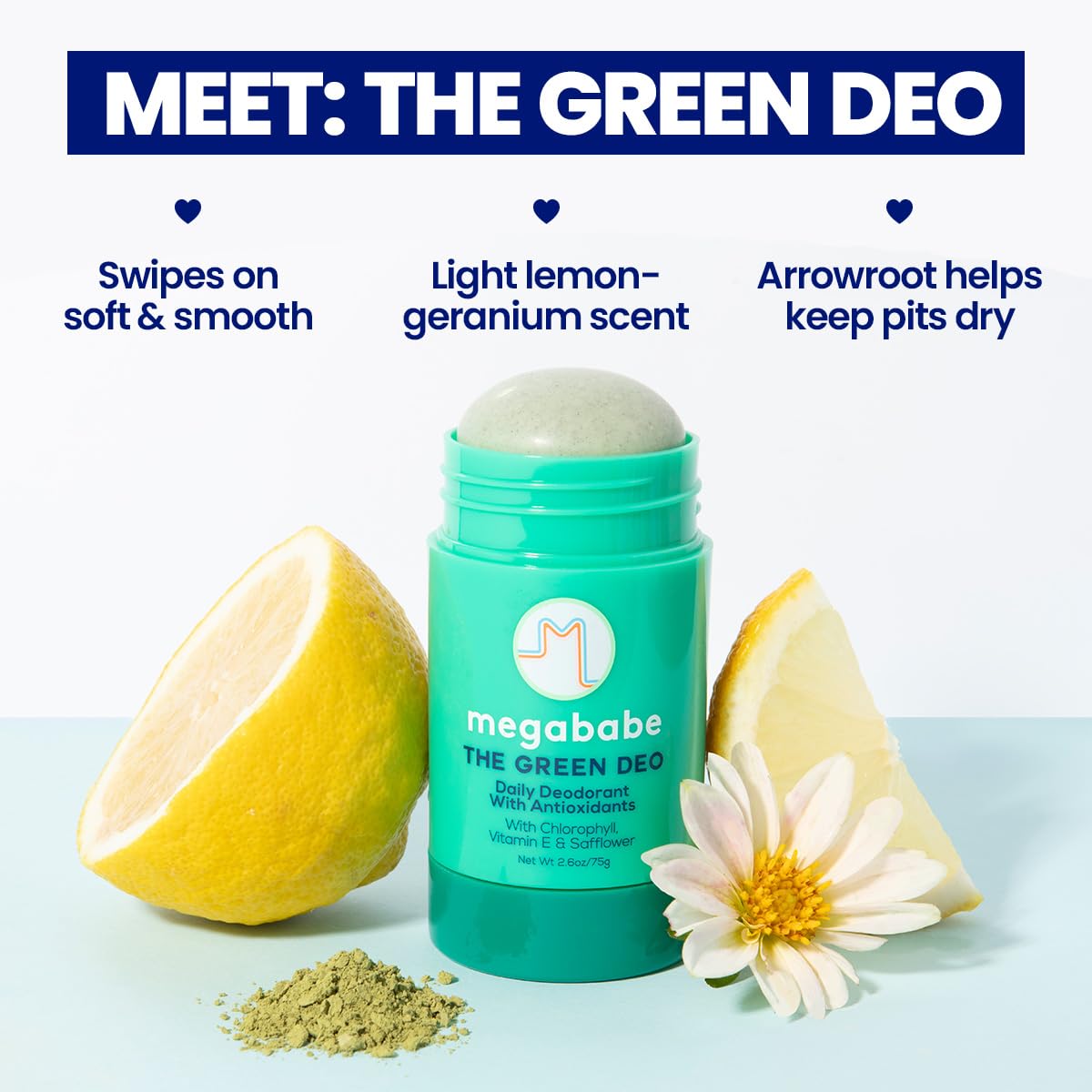 Megababe Daily Deodorant Green Deo side label highlights all-natural ingredients.