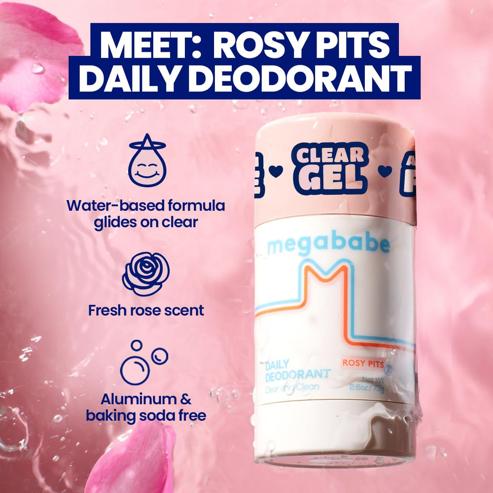 Megababe Daily Deodorant Rosy Pits packaging highlights vegan, gentle care