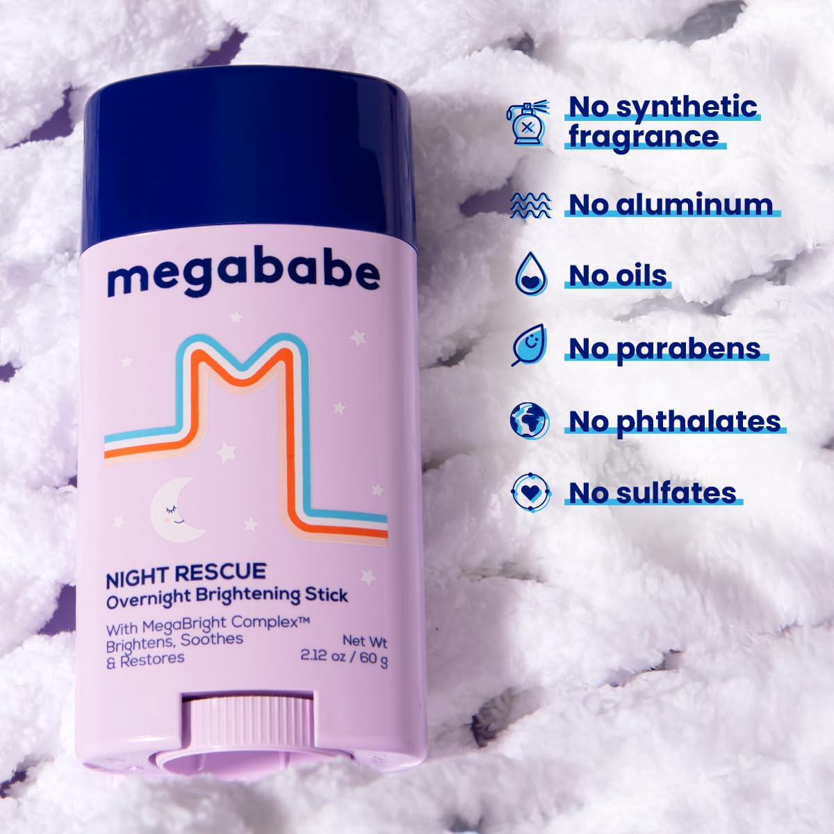 Megababe Night Rescue ingredients display with niacinamide and fruit extracts.
