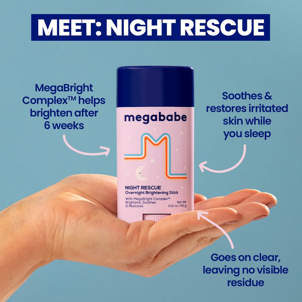 Megababe Night Rescue label close-up emphasizing MegaBright Complex for even tone.