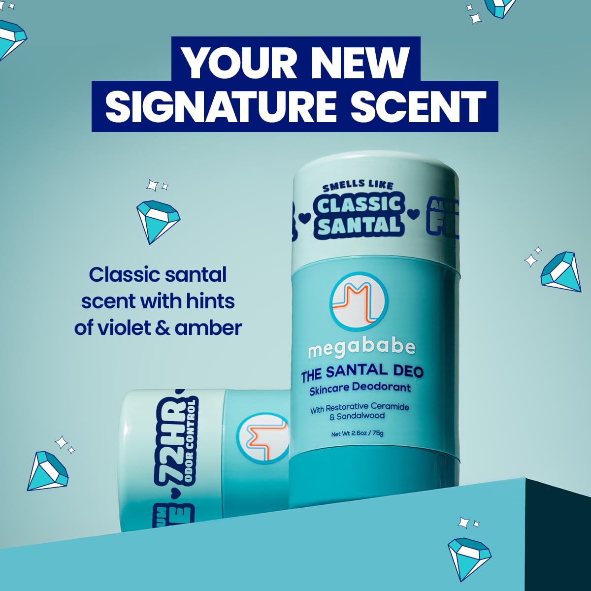 Close-up of Megababe Santal Deo stick ready to glide smoothly