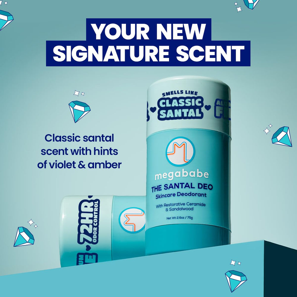 Close-up of Megababe Santal Deo stick ready to glide smoothly