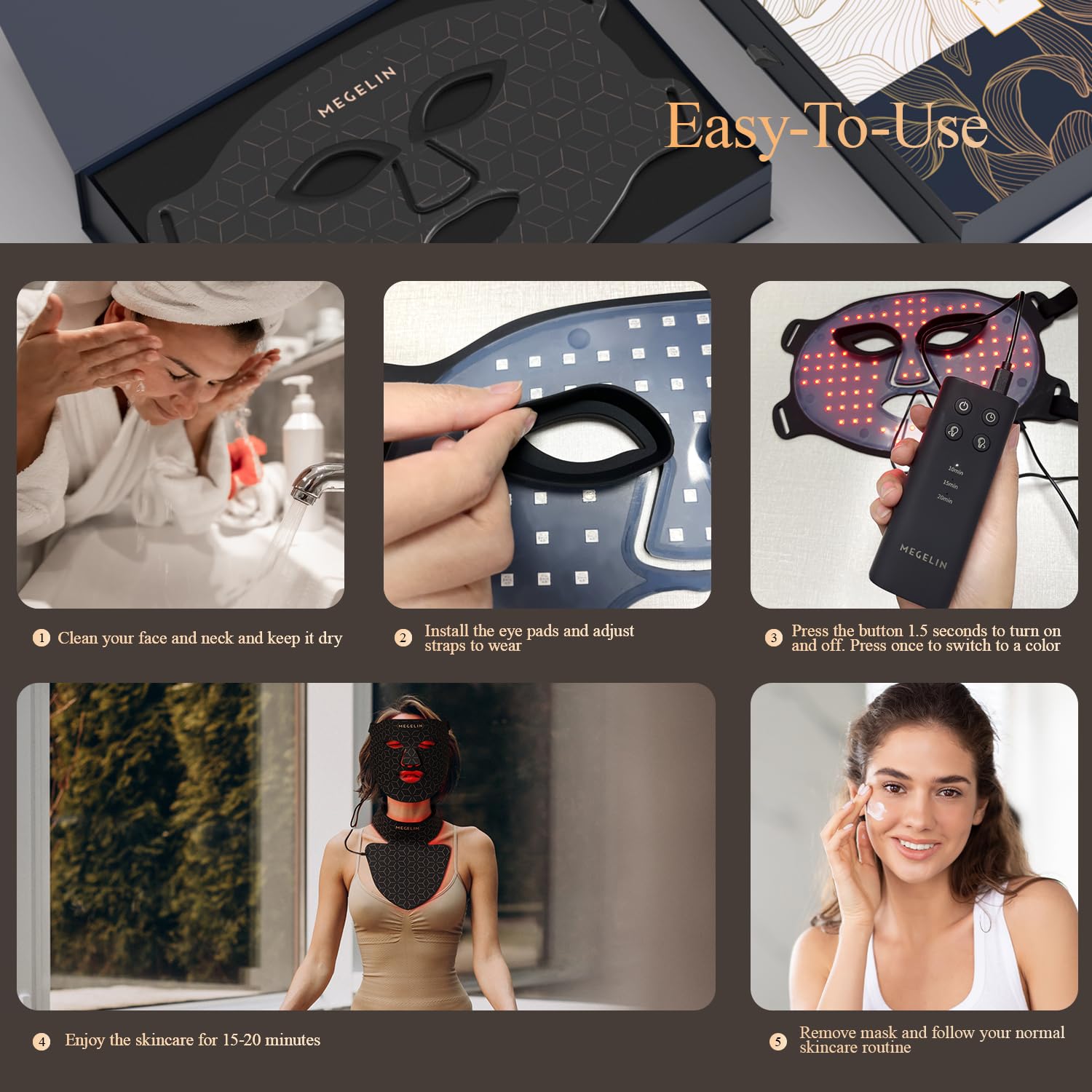 MEGELIN LED mask adjustable strap ensures secure, comfortable fit.
