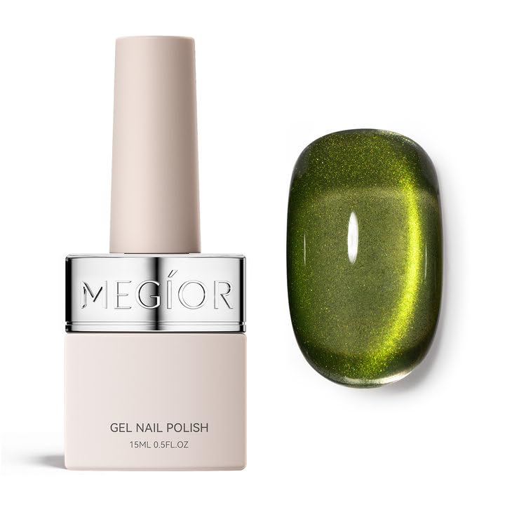 MEGIOR Aurora Green Cat Eye Nail Polish bottle showing vibrant holographic finish for DIY manicures.
