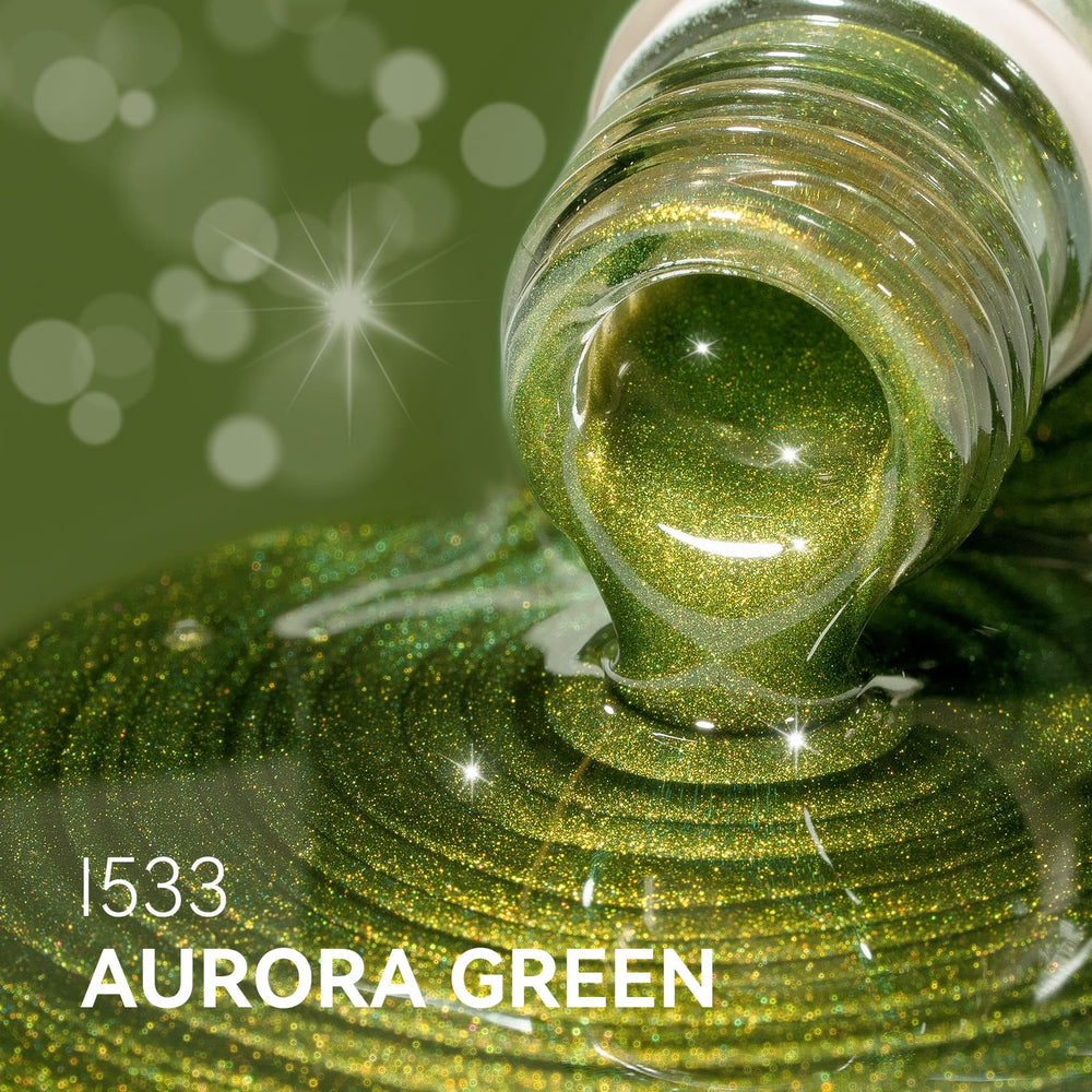 MEGIOR Aurora Green Rainbow Glitter close-up highlighting dazzling color shifts under light.
