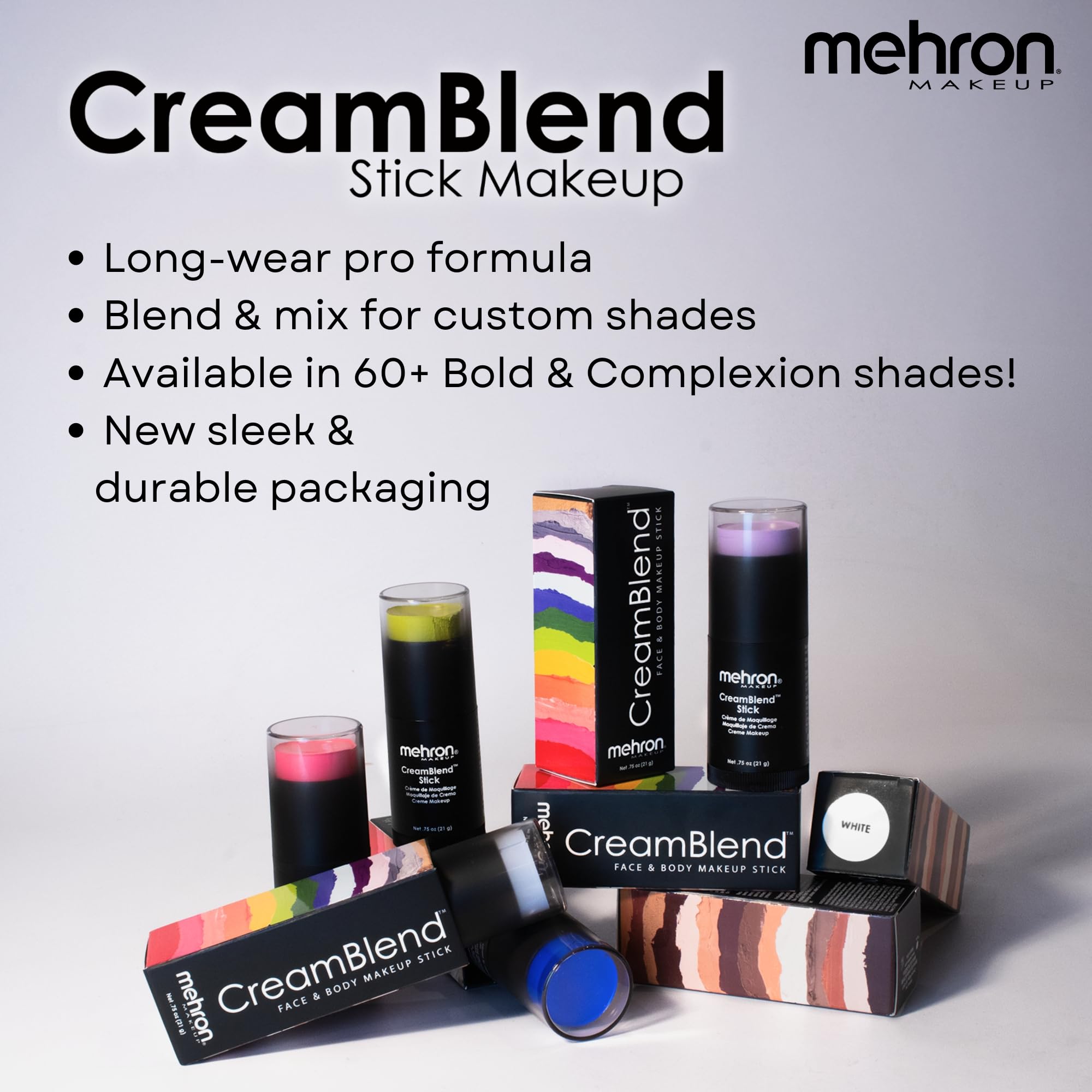 Mehron CreamBlend Stick infused with Aloe Vera and Vitamin E for comfort.