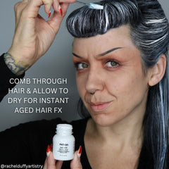 Applying Mehron Hair White to hair for temporary color.