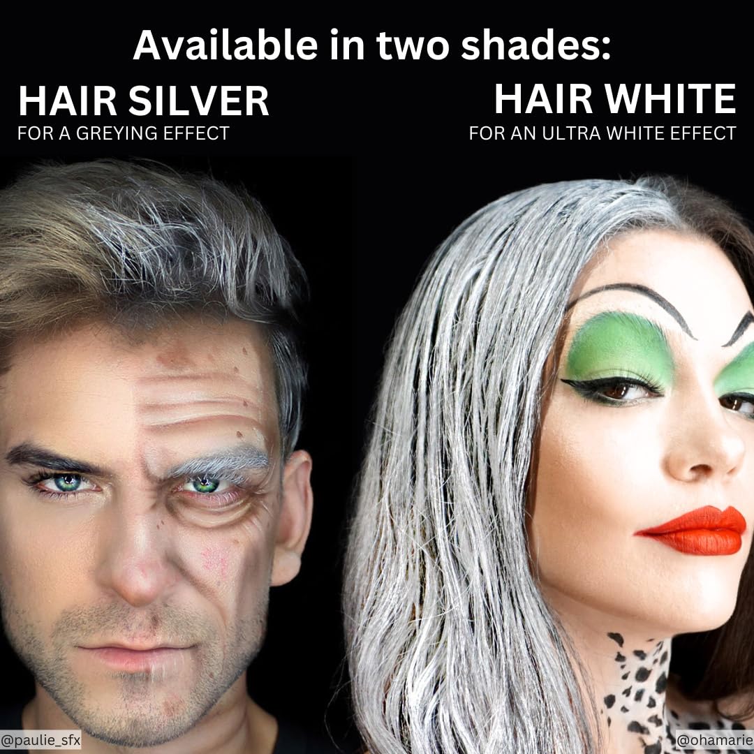 Mehron Hair White on hair creates removable theatrical whiteness for cosplay.