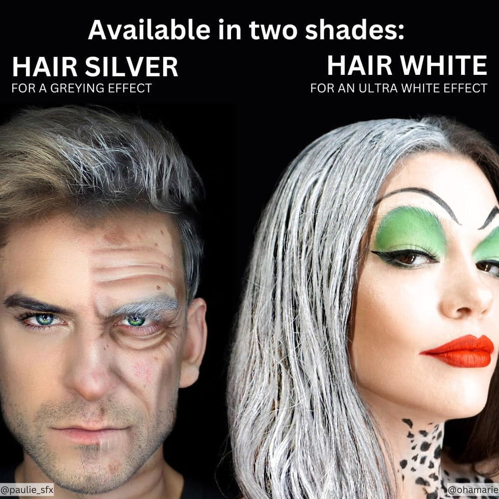 Mehron Hair White on hair creates removable theatrical whiteness for cosplay.