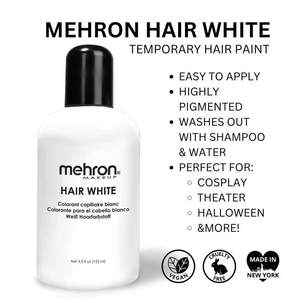 Mehron Hair White swatches show shade options for stage looks.