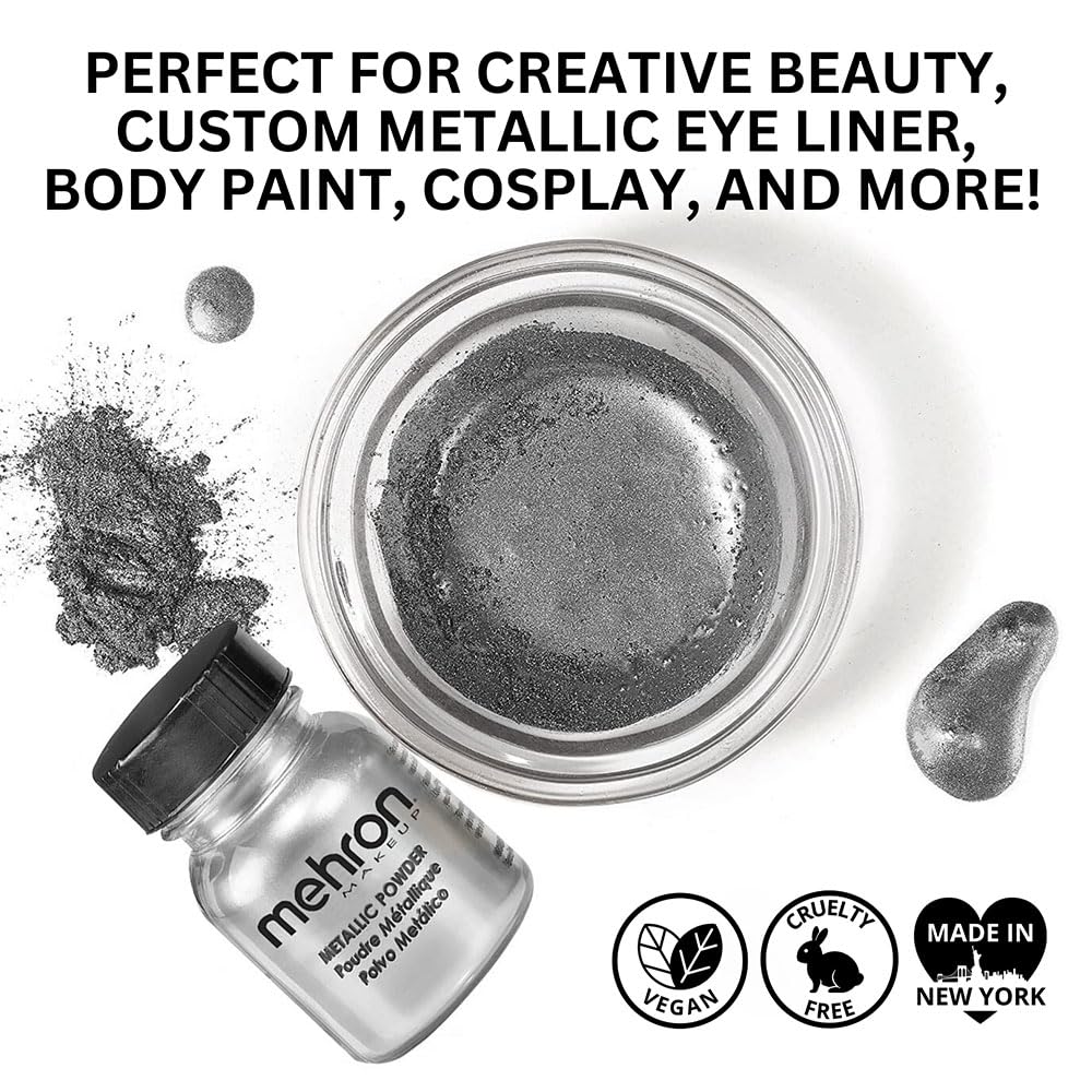 Mehron Metallic Powder Silver eye application showcasing chrome-like glow